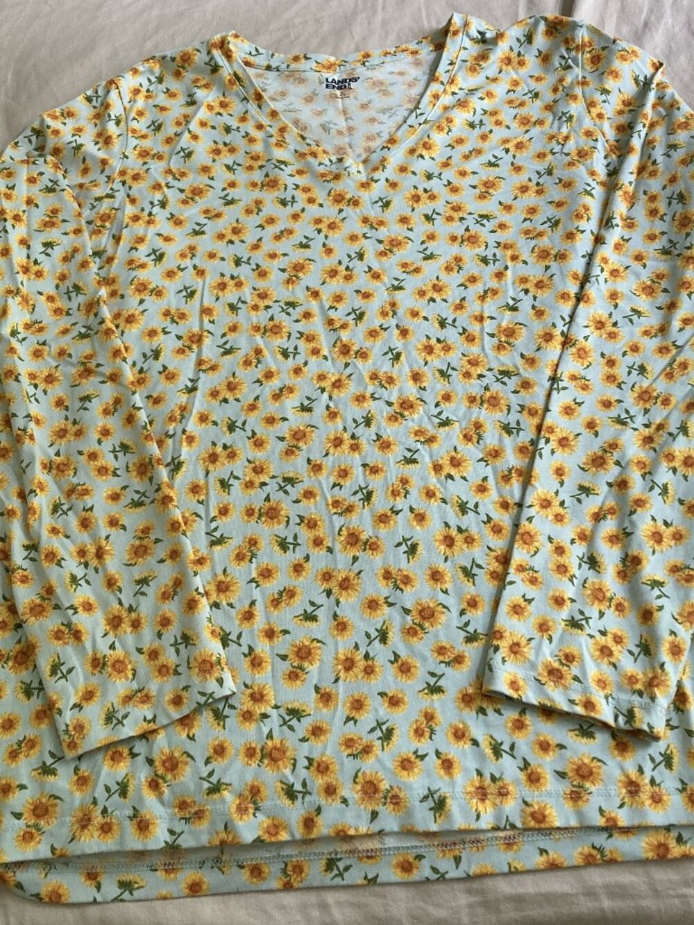 Lands End Long Sleeve V Neck Sunflower Tee Shirt Size Large Cotton